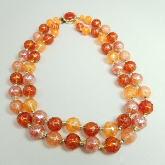Vintage Orange Pink Beaded Two Strand Necklace, Hollow Beads, Made in Japan - Picture 1 of 10